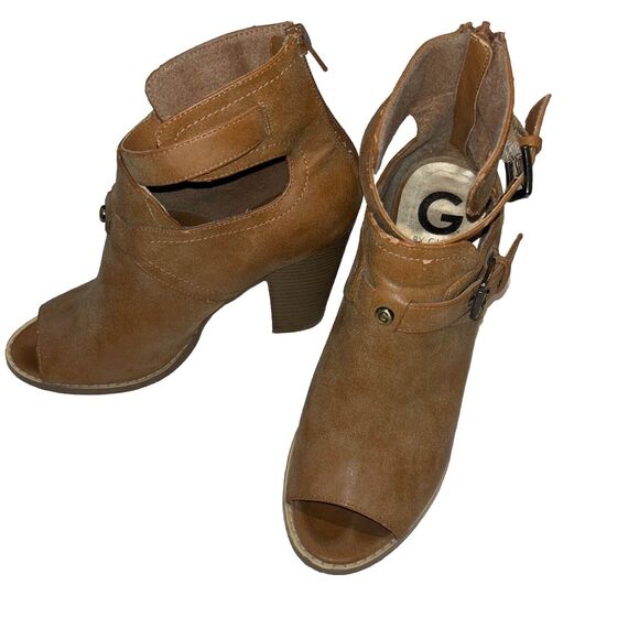 G by Guess camel Open Toe Bootie Block Heels Buckle Zip 9.5 Biker Cowgirl work - Picture 1 of 9